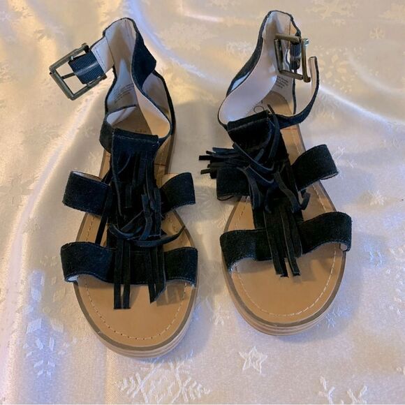 Sole Society Gladiator Sandals Fauna Fringe Detail Black Suede Leather Sz 6 - Picture 1 of 6
